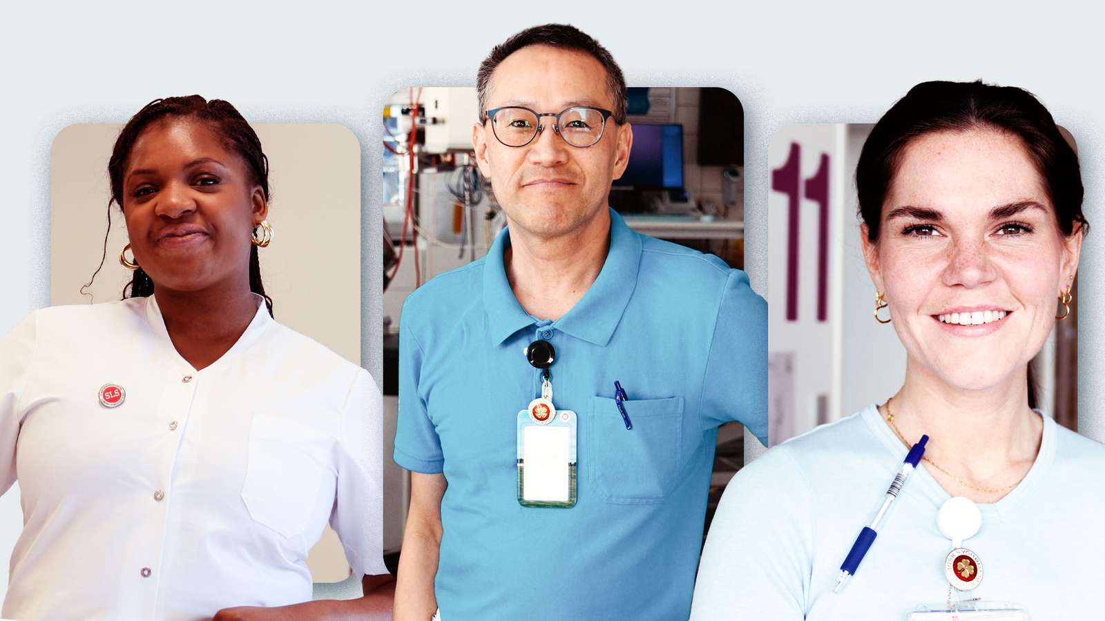 Sygeplejerskerne Chelsea Obazuaye, Christian Jørgensen og Stinna Skovgaard, der medvirker i Proud to be a Nurse-kampagnen.